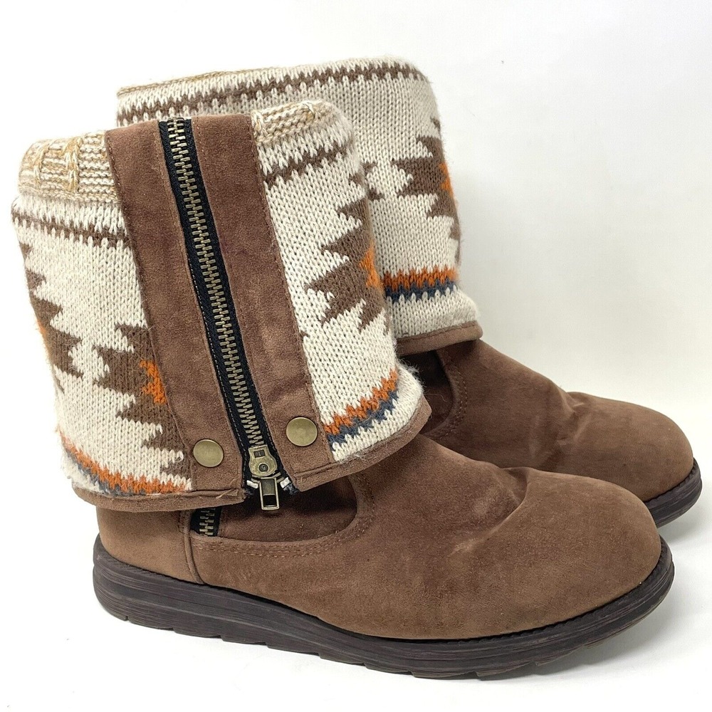 Muk Luks Boots Fold Down Winter Knit Inside Suede Tall Brown Women's Size 7